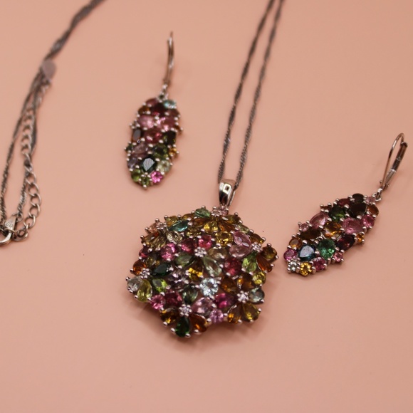 Sterling Silver Multi Tourmaline Necklace and Earrings set - Picture 2 of 4